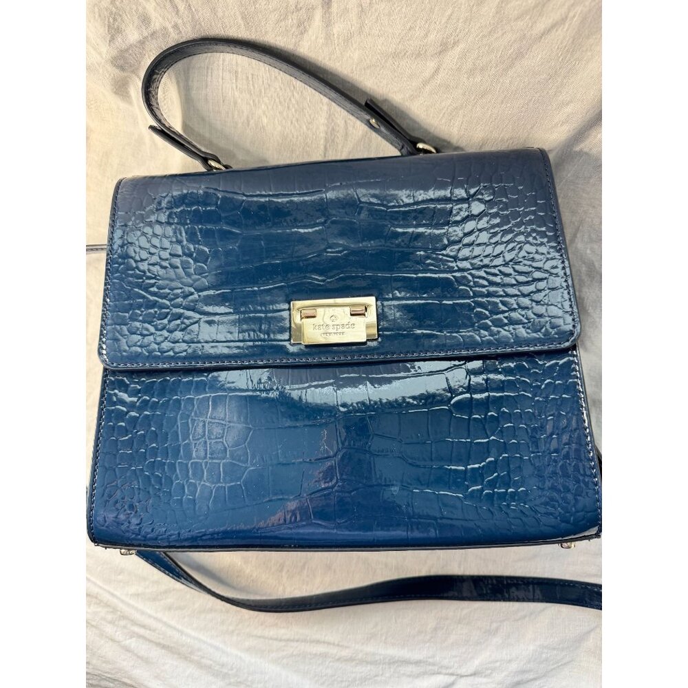 Kate Spade Knightsbridge Doris Blue Leather Croc Embossed Satchel Purse Handbag‎